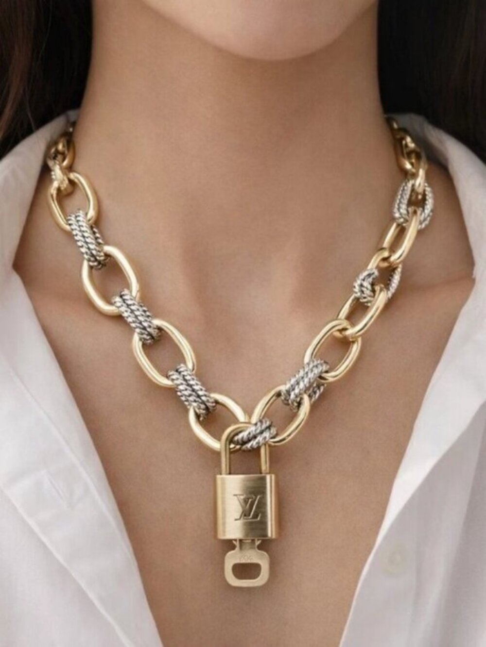 Gold-Plated NecklacAe with Authentic Louis Vuitton Padlock